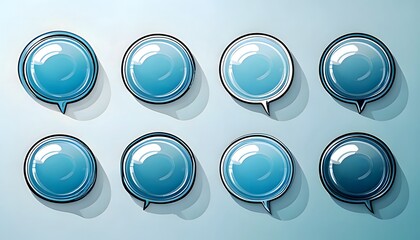 Collection of glossy three-dimensional blue chat icons or notification bubbles for web and mobile applications