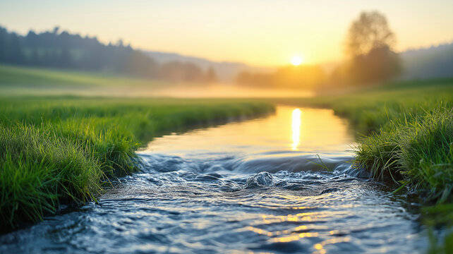 Gentle sunrise over flowing stream with soft mist and lush green grass, peaceful rural landscape with reflective water and warm golden light