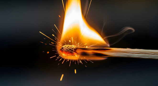 Close up of a wooden match igniting with a vibrant flame and glowing sparks against a dark background for new idea concept and dynamic energy
