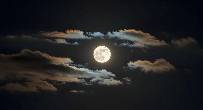 Bright full moon shining through dramatic dark clouds in a starry night sky for a serene celestial concept - Powered by Adobe