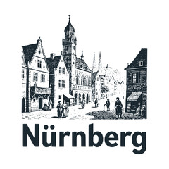 Nurnberg old city travel engraved black white illustration