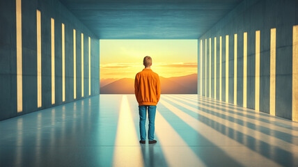 Solitary person standing in sunlit concrete hall facing mountain sunrise, warm light casting long shadows and evoking solitude and hope