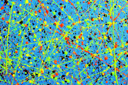 Abstract Neon Splatter Painting with Thick Vibrant Lines on a Blue Background