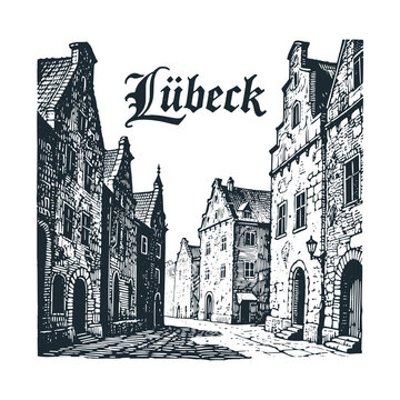 Lubeck old city travel engraved black white illustration