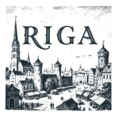 Fototapeta premium Riga old city travel engraved black white illustration