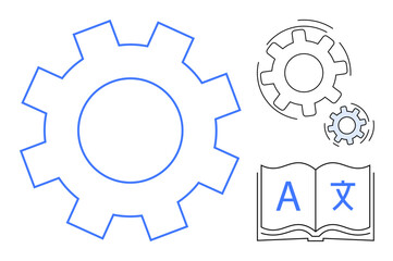 Large gear, two smaller gears, open book with language symbols. Ideal for technology, automation, translation, learning, innovation development progress. Simple flat metaphor
