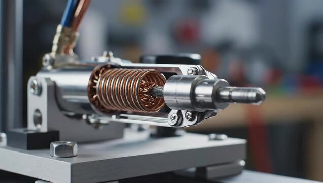 Close up of industrial machinery with copper coil during manufacturing process