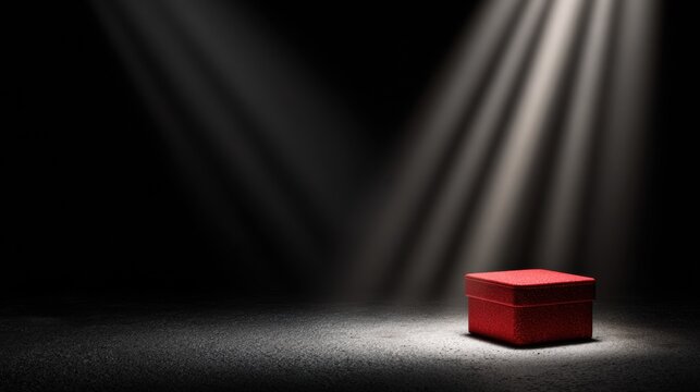 Classic Red Gift Box Set Against a Dramatic Black Background With Spotlight for Luxury Celebration