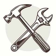 A stylized illustration of a claw hammer and an adjustable wrench crossed in front of a light beige circle representing tools and craftsmanship
