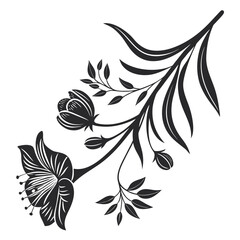 Elegant black and white floral illustration featuring a blooming flower and buds on a branch with delicate leaves perfect for decorative design elements