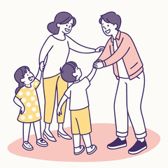 A happy family of four parents and two children sharing a joyful moment together with smiles and high fives in a simple clean illustration style