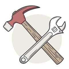 A stylized illustration of a red claw hammer and a silver adjustable wrench crossed over each other on a light beige circular background with a white border