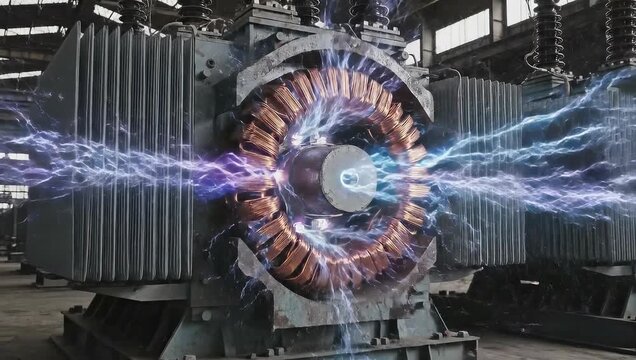 Close up of industrial machinery with electrical sparks and energy flow