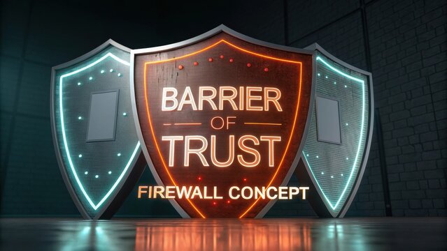 Creative 3D Representation of Firewall Concept Featuring Barrier of Trust with Modern Digital Shields and Neon Effects