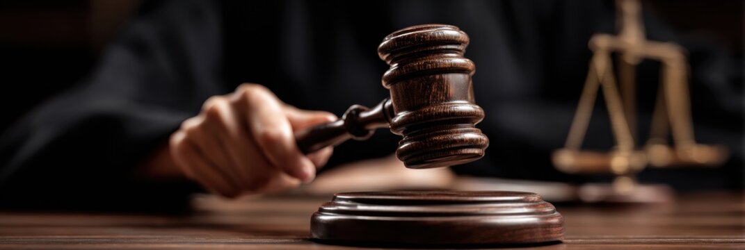 Woman Judge Holds Gavel Ready to Bang on Sounding Block in Courtroom Setting During an Important Judicial Proceeding