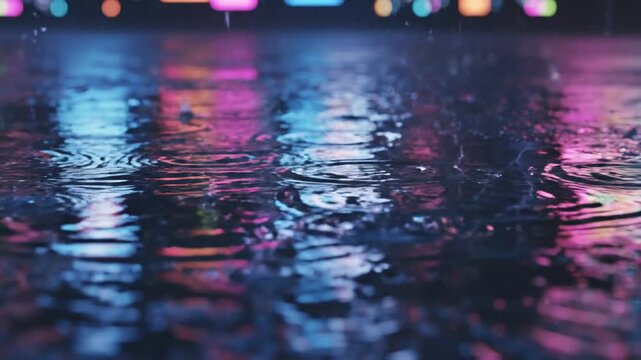 Raindrops create circular ripples in a puddle with colorful city lights reflecting on the surface