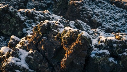 Obraz premium Volcanic Lava Rocks Covered in Fresh Snow and Ice at Sunrise