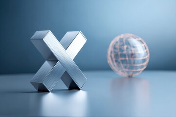 Metallic X Shape and Wireframe Globe in Minimal Futuristic Blue Studio Scene