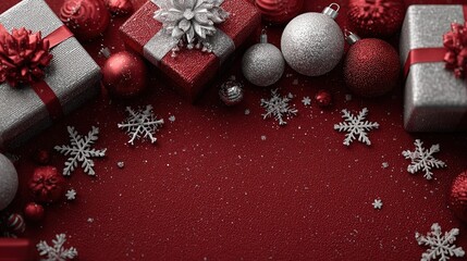 Christmas Red-Silver Decor Scene with Glitter Gifts and Snowflake Elements for Festival Poster, Card Design and Event Decoration
