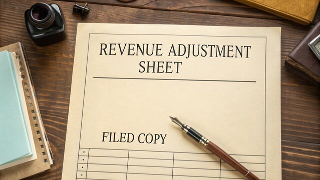 Detailed Revenue Adjustment Sheet for Accurate Financial Tracking and Documentation on Office Desk with Stationery Items