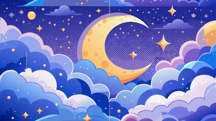 Illustration of a crescent moon and starry clouds