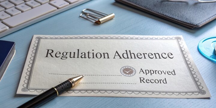 Document for Regulation Adherence with Approved Record Featuring Pen and Office Supplies on Light Blue Desk Surface