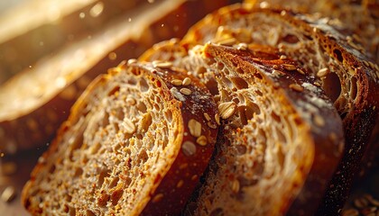 Detailed close-up of freshly sliced whole grain bread, showing rich grain textures and natural seeds embedded in the crust 