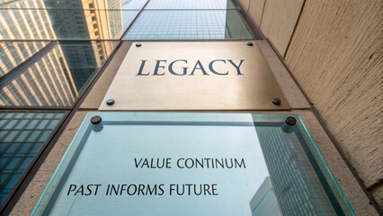 Elegant corporate sign displaying the word "Legacy" alongside motivational phrases about value, continuity, and future insights