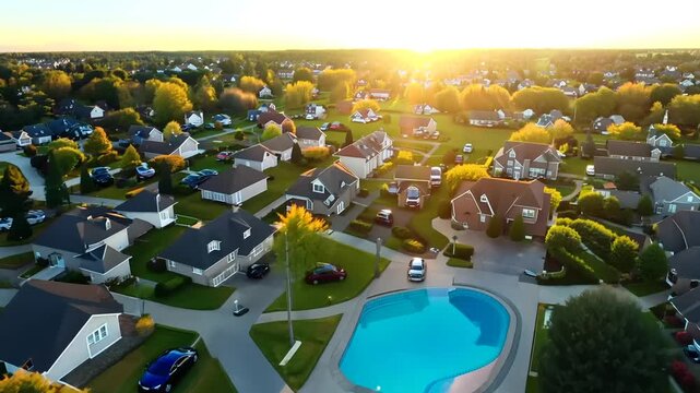 Aerial View of Residential Neighborhood with a Swimming Pool in the Middle