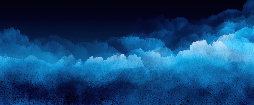 Abstract Watercolor Composition Of Dark Blue Clouds On Dark Sky with Light Blue Elements