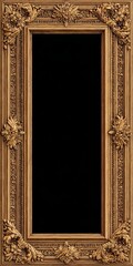 Obraz premium Confident realistic student-style painting in a rectangular soft gold wooden frame with brown outlines and subtle baroque decorations on corners and sides, isolated on deep black background.