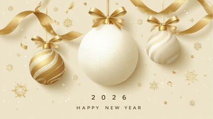  Golden Christmas Ornaments with Bows, Ribbons, and Snowflakes on a Cream Background, Festive.