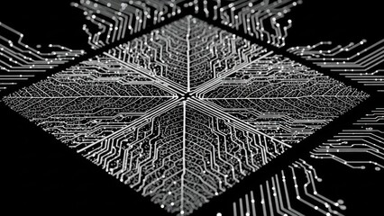 A detailed 3D rendering of a central processing unit (CPU) with intricate glowing circuits and connections, symbolizing data flow on a black background.