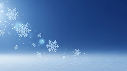 Fototapeta premium Falling snowflakes against a clear blue winter sky with soft light