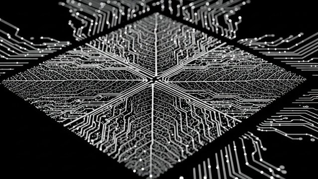 A detailed 3D rendering of a central processing unit (CPU) with intricate glowing circuits and connections, symbolizing data flow on a black background.
