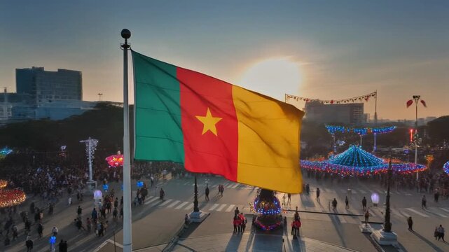 Cameroon flag waving above a festive crowd at sunset, celebrating national pride and community spirit during a vibrant outdoor event - Powered by Adobe
