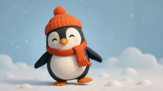 Happy Dancing Christmas Winter Penguin Wearing a Hat and Scarf