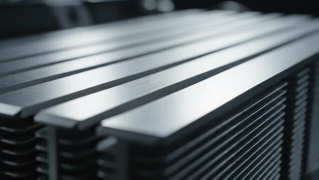 Close up of metallic bars with geometric forms and textured surfaces