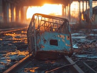 Abandoned luggage cart on rusty rails in an industrial zone at sunset