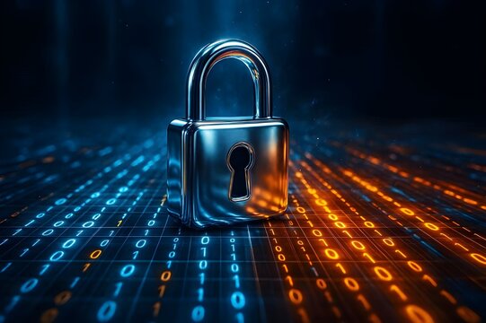 Padlock on digital binary code background representing computer security and data protection - Powered by Adobe