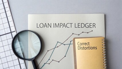 Financial Analysis Document with Magnifying Glass and Notebook on Table for Loan Impact Evaluation and Distortion Correction