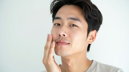 Fototapeta premium Asian man applying skincare cream to his face in front of a white background in a close up shot, A portrait of a clean and fresh-looking Japanese man focusing on skincare and hairstyle