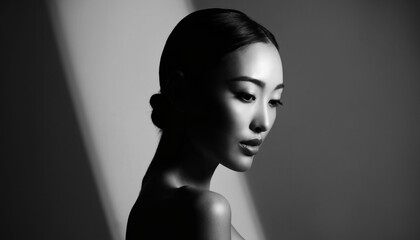 超高解像度ポートレート,プロモデル,一人のみ,エレガントなポーズ,ラグジュアリーファッション,ドラマティックライティング,強い視線,モノクロ配色,クローズアップ構図,白黒灰背景,完璧なメイク,プレミアム感,8K,鋭いディテール,象徴的ビジュアル,Ultra-high-resolution portrait,Professional model,Single person,Elegant pose,