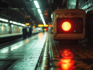 Close-up of a subway platform with a red emergency stop button signaling danger