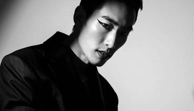 超高解像度ポートレート,プロモデル,一人のみ,エレガントなポーズ,ラグジュアリーファッション,ドラマティックライティング,強い視線,モノクロ配色,クローズアップ構図,白黒灰背景,完璧なメイク,プレミアム感,8K,鋭いディテール,象徴的ビジュアル,Ultra-high-resolution portrait,Professional model,Single person,Elegant pose,