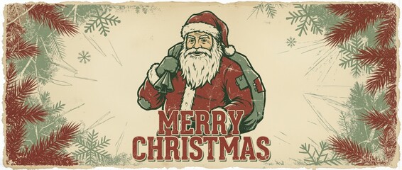 Vintage grunge-style Santa Claus Christmas banner with distressed textures and retro holiday typography. Perfect for nostalgic holiday marketing and seasonal greeting cards.