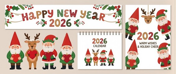 Fototapeta premium Adorable holiday character collection showing gnomes, Santa, reindeer, and elves with hearts for 2026 celebrations. Ideal for calendars, greeting cards, and festive commercial designs.