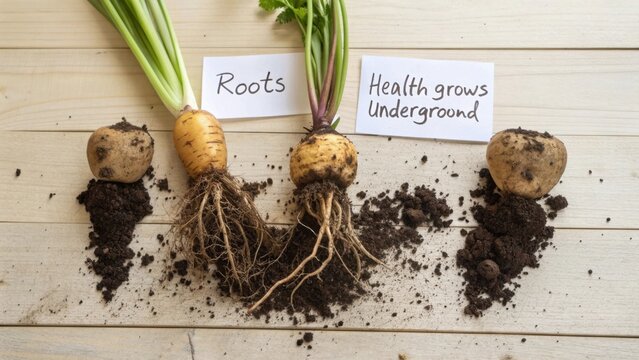 Fresh Organic Roots with Soil Displayed Above Ground for Healthy Eating and Gardening Education