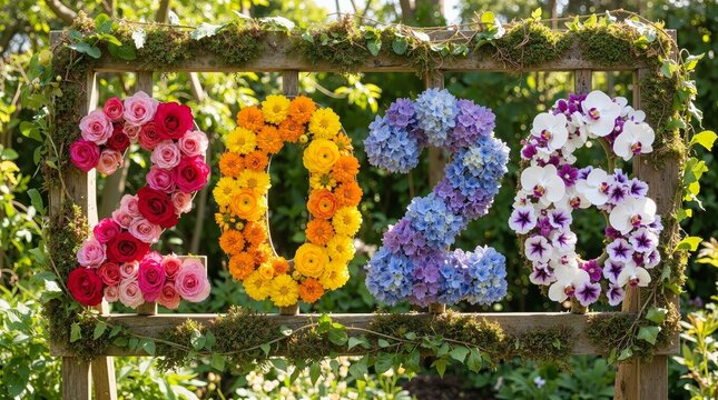 Stunning floral art displaying 2026 crafted from vibrant mixed flowers on rustic wooden frame in garden setting. Ideal for spring celebrations, eco-friendly events, and botanical themed designs.