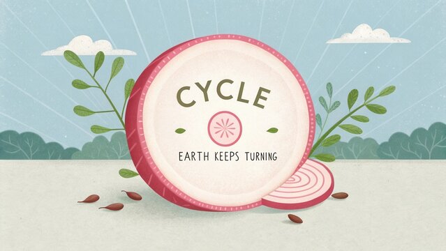 Fresh Red Onion Symbolizing Growth and Renewal with Text Cycle Earth Keeps Turning in Playful Illustration Style